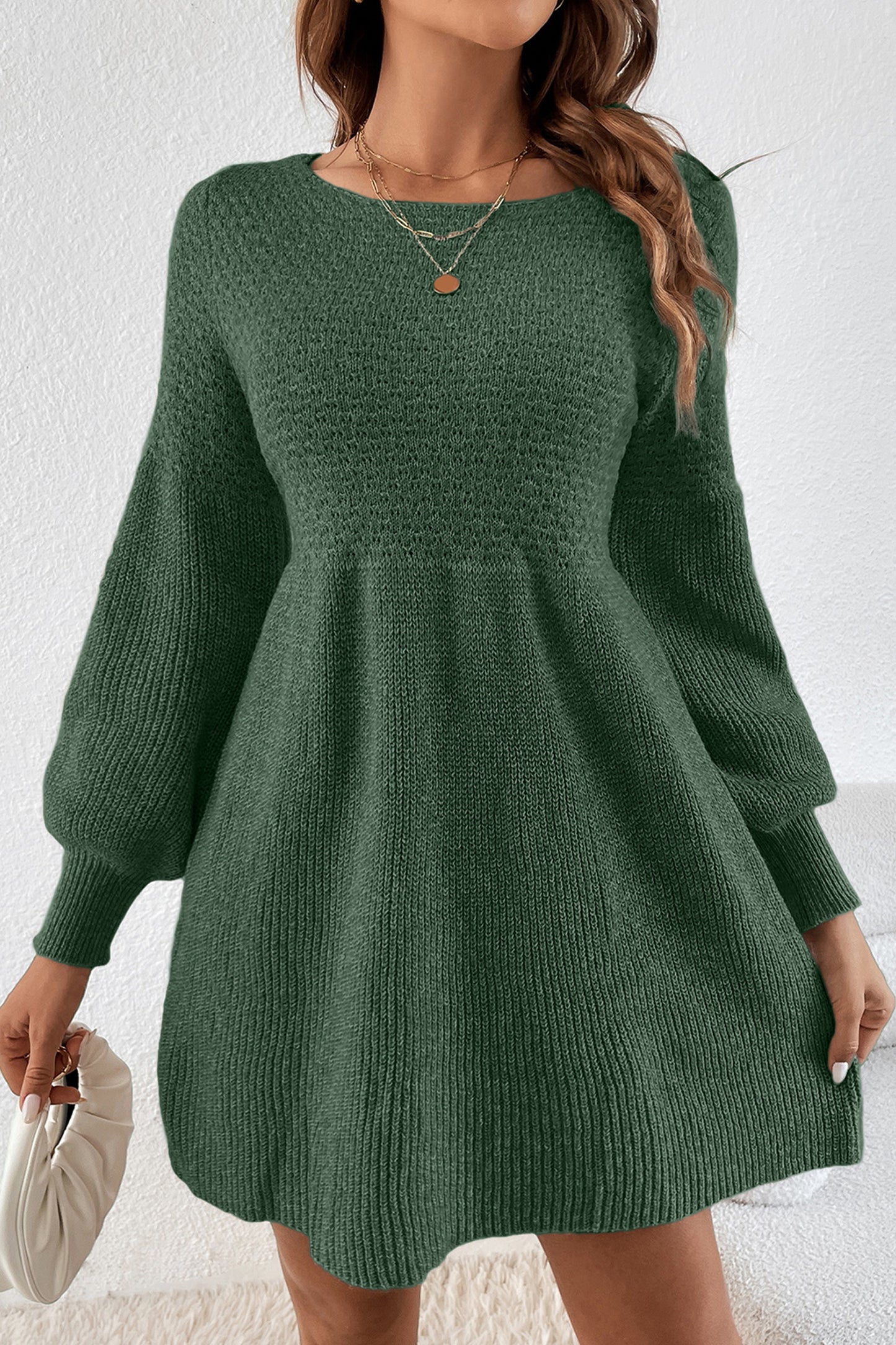 Mist Green Solid Lantern Sleeve Empire Waist Short Sweater Dress - Cowaa