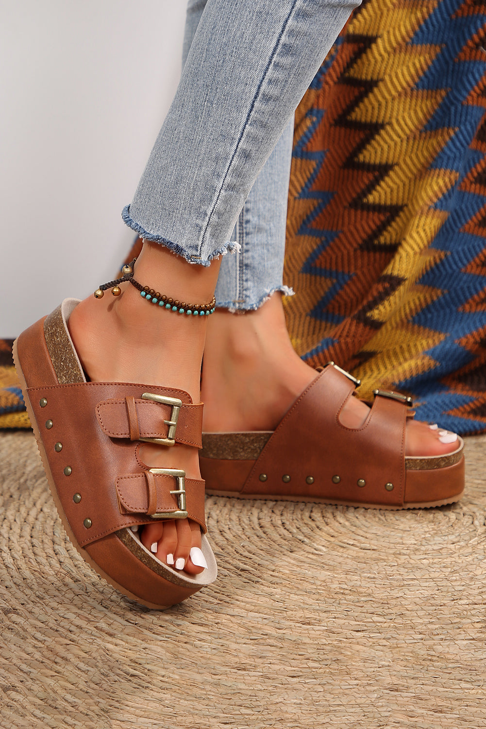 Chestnut Dual Buckle Studded Vintage Platform Sandals - Cowaa