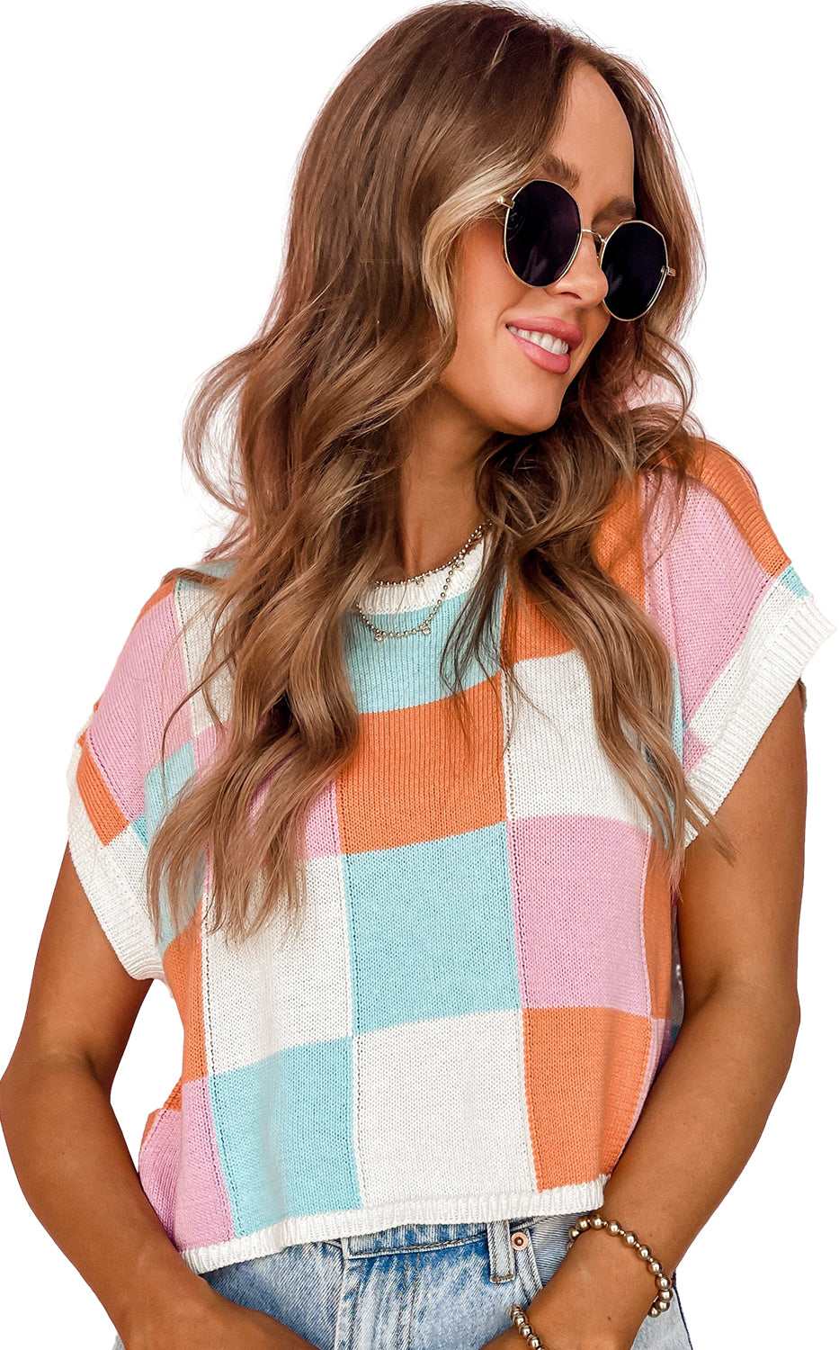 Fiery Red Checkered Color Block Cap Sleeve Knitted Top - Cowaa