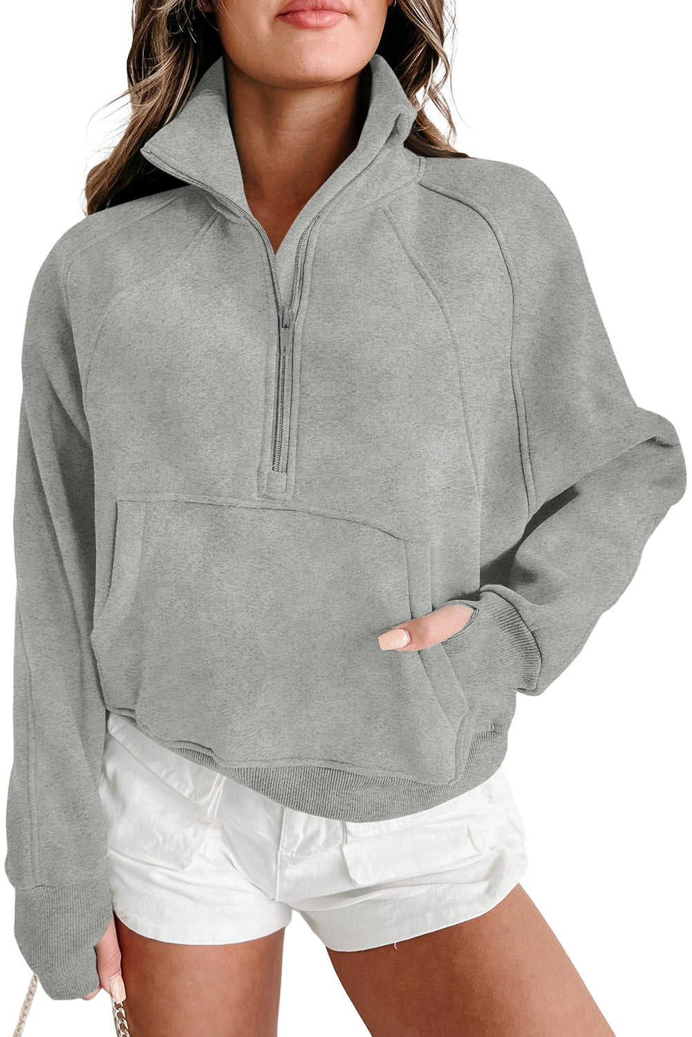 Brown Zip Up Stand Collar Thumbhole Sleeve Sweatshirt - Cowaa
