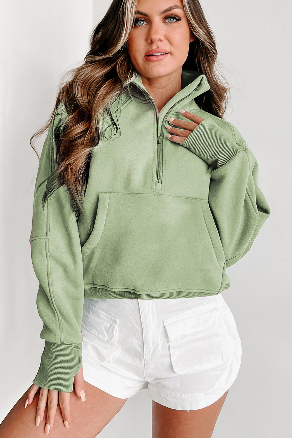 Brown Zip Up Stand Collar Thumbhole Sleeve Sweatshirt - Cowaa