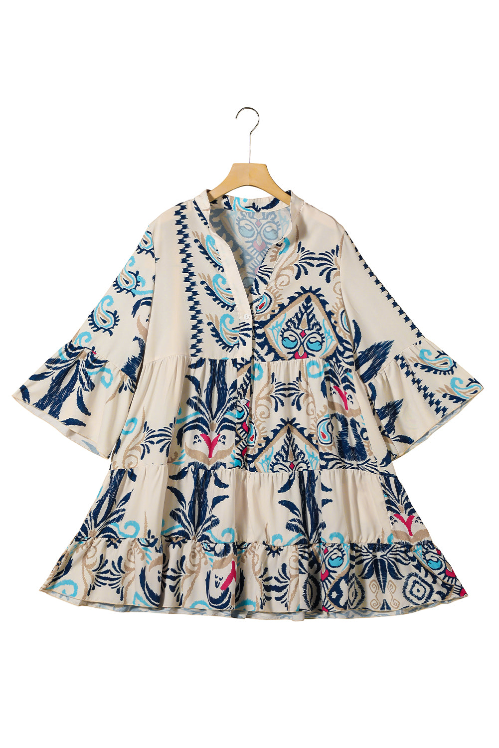 White Ethnic Print Boho Button Tiered Mini Dress - Cowaa