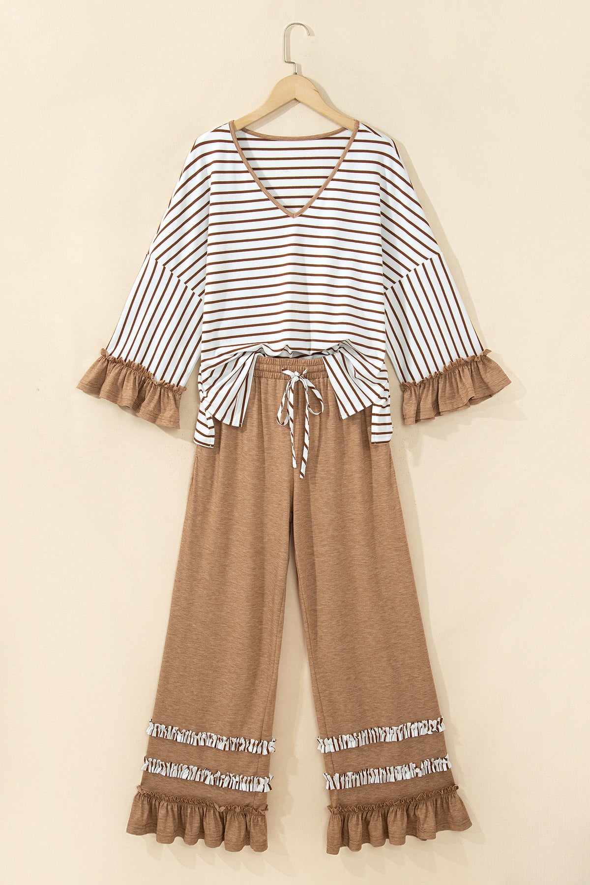Blue Stripe V Neck Ruffle Contrast Sleeve Top Drawstring Pants 2pcs Set