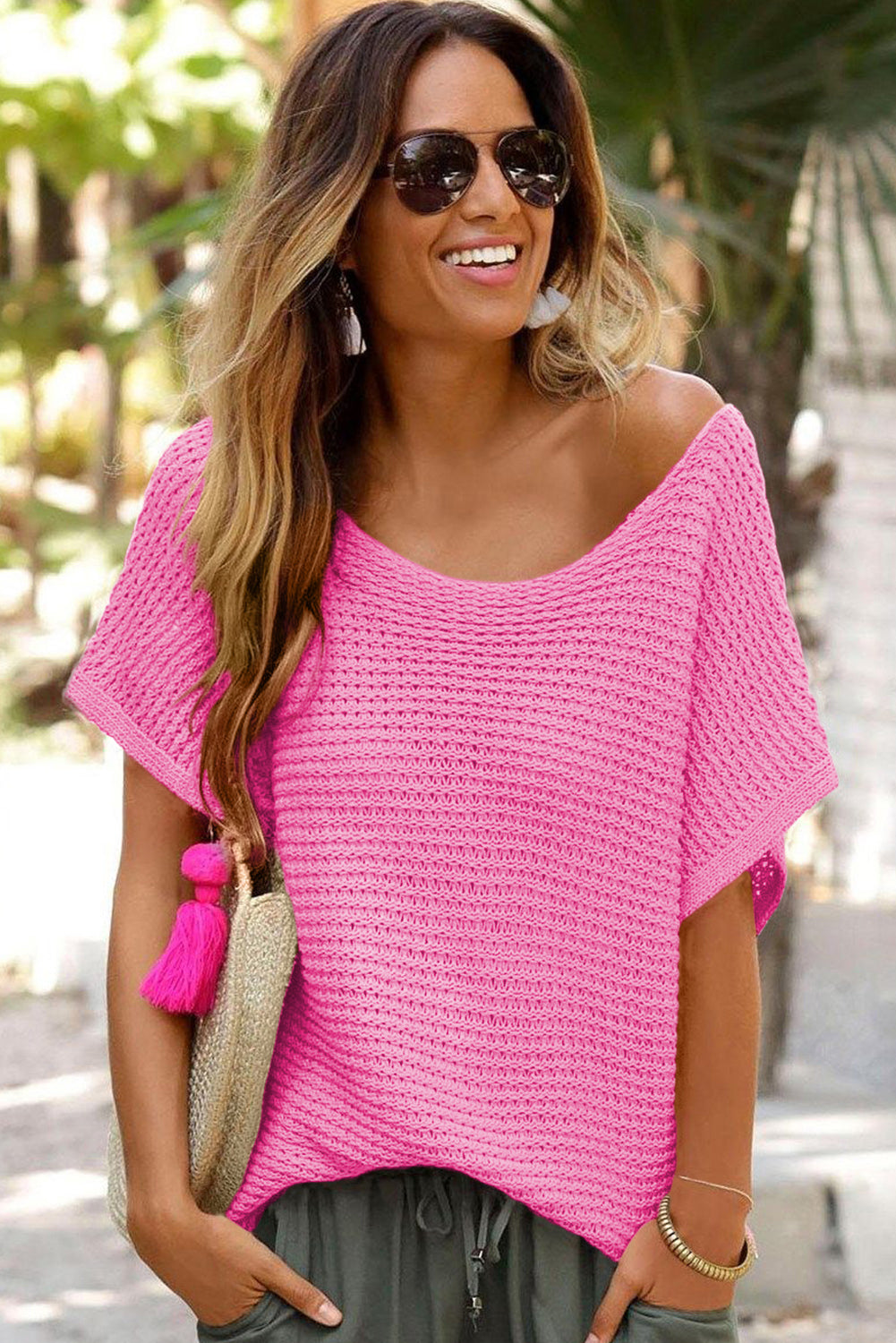 Pink Plain Knit Loose Batwing Sleeve Blouse - Cowaa