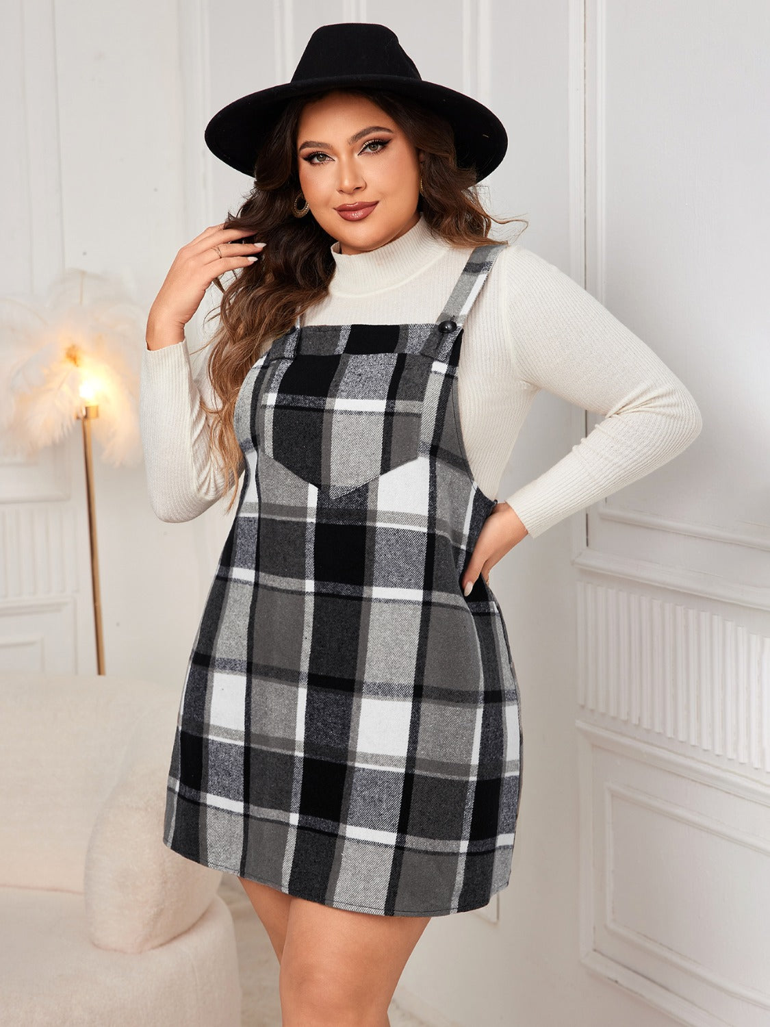 Plus Size Plaid Wide Strap Overall Dress - Cowaa