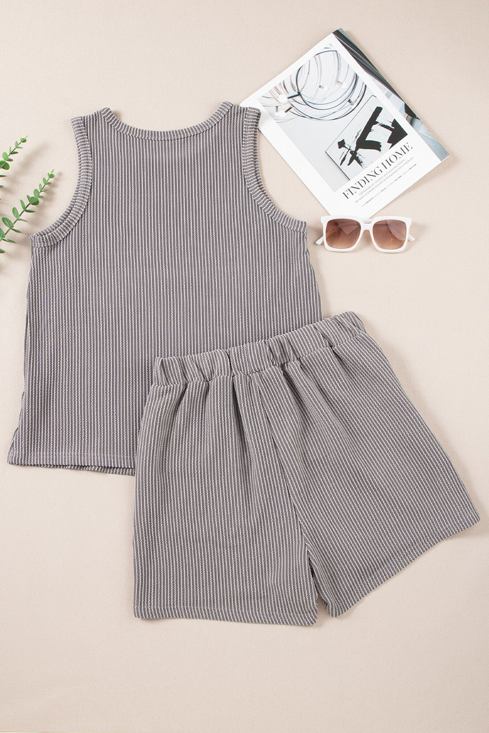 Medium Grey Corded Sleeveless Top and Pocketed Shorts Set - Cowaa