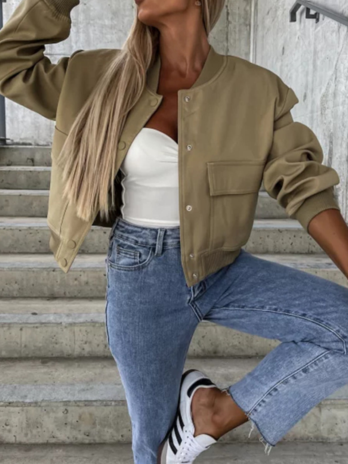 Baseball Collar Dropped Shoulder Jacket - Cowaa
