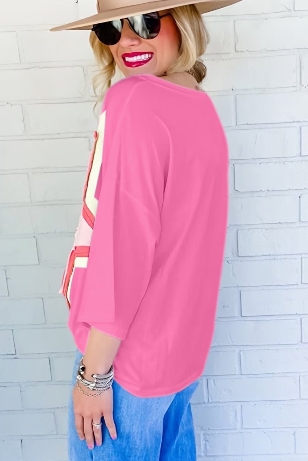 White Colorblock Star Patched Half Sleeve Oversized Tee - Cowaa
