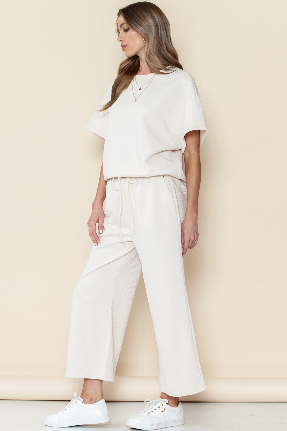 Navy Blue Textured Loose Fit T Shirt and Drawstring Pants Set - Cowaa