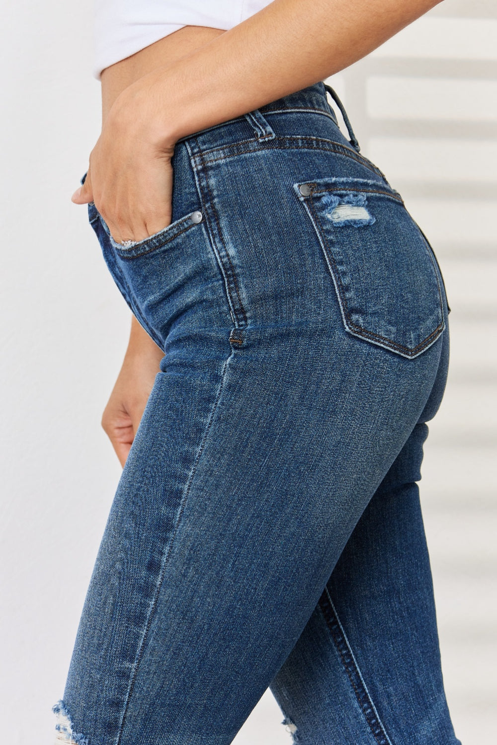 Judy Blue Full Size Mid Waist Distressed Slim Jeans - Cowaa