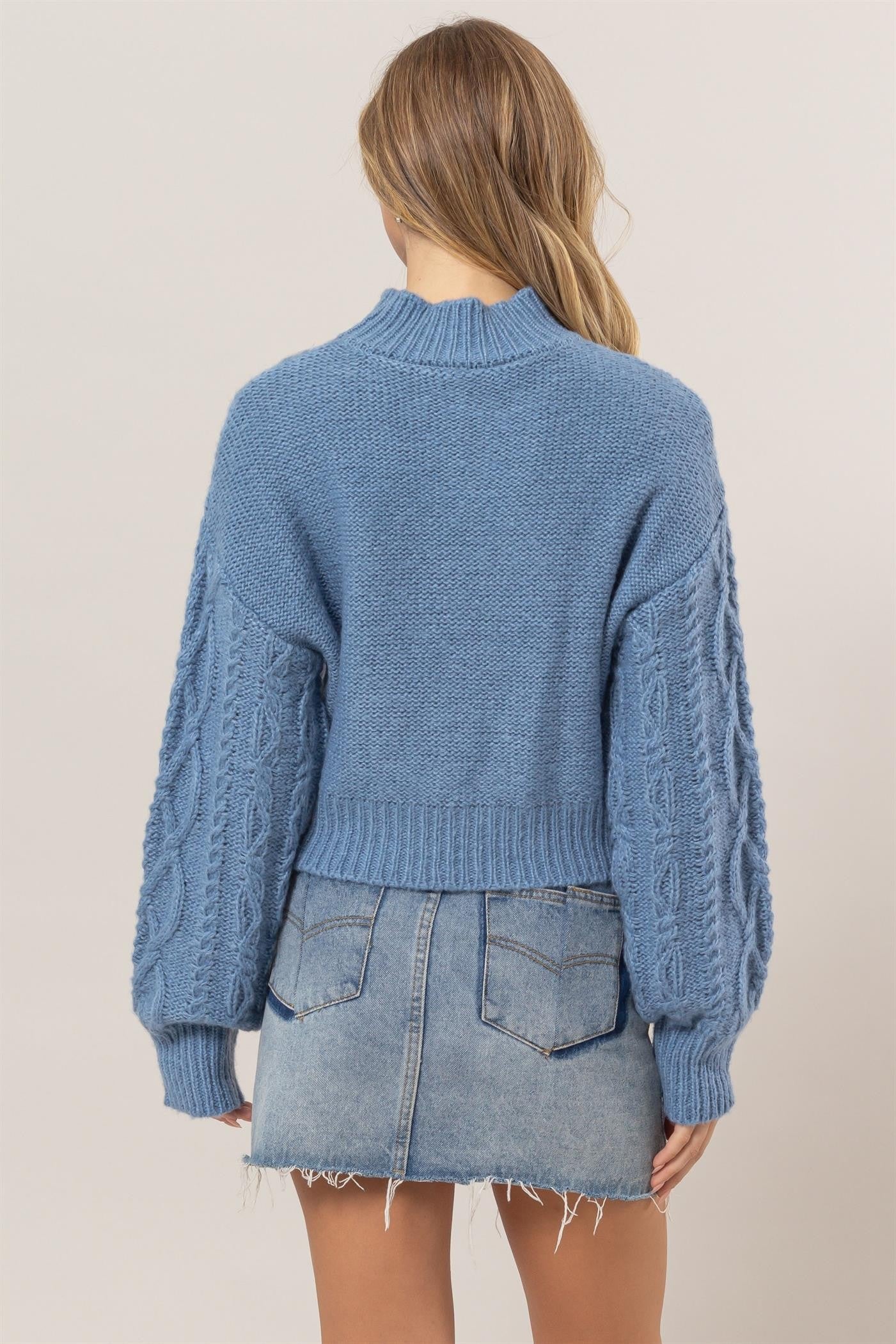 Blue Cable-Knit Mock Neck Dropped Shoulder Sweater