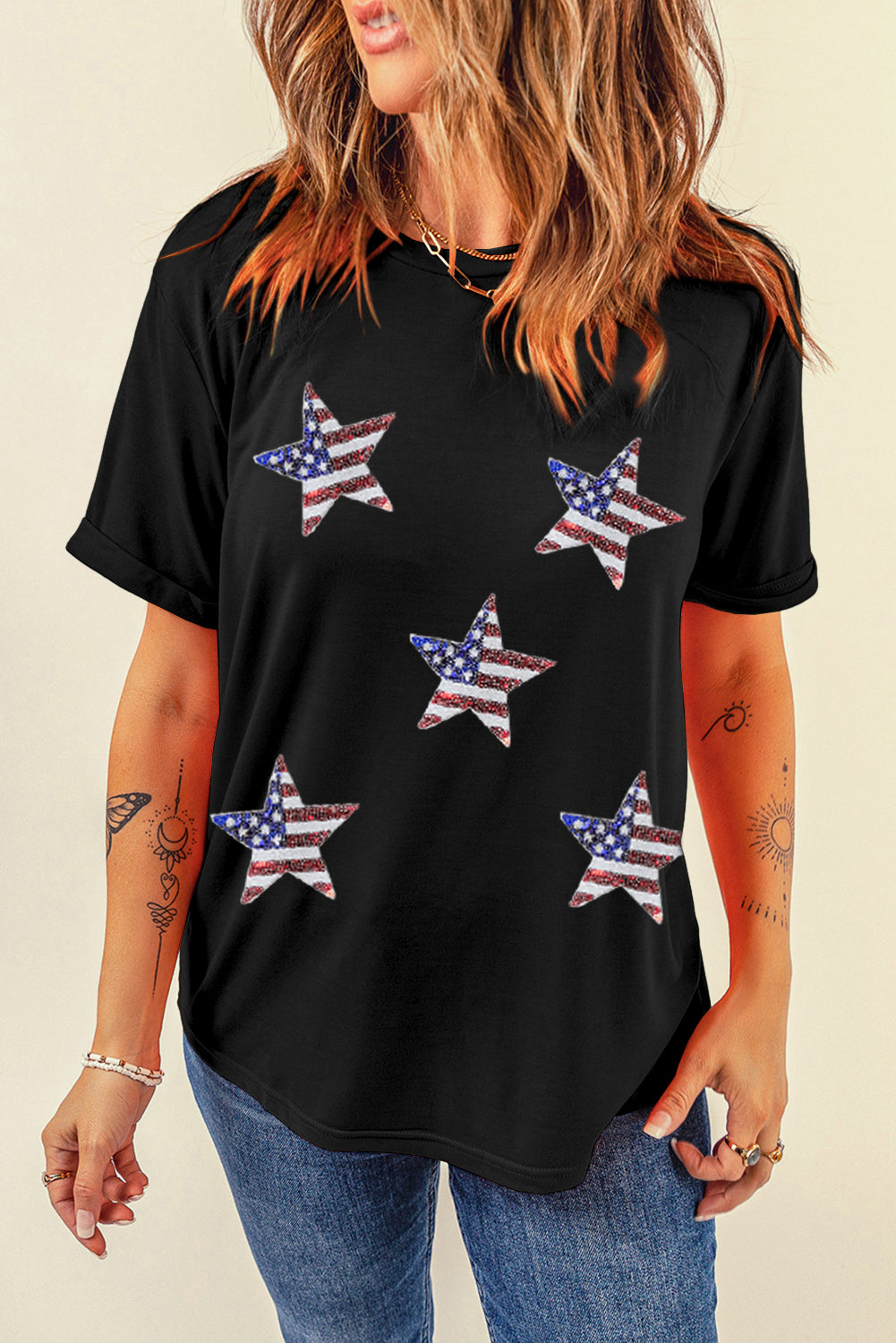 Sequin American Flag Star Graphic T Shirt - Cowaa