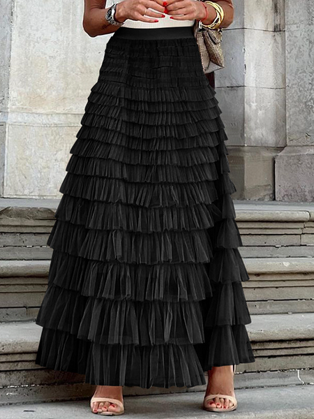 Mesh Flared Layered Hem Midi Skirt High Waist Pleated A Line - Cowaa