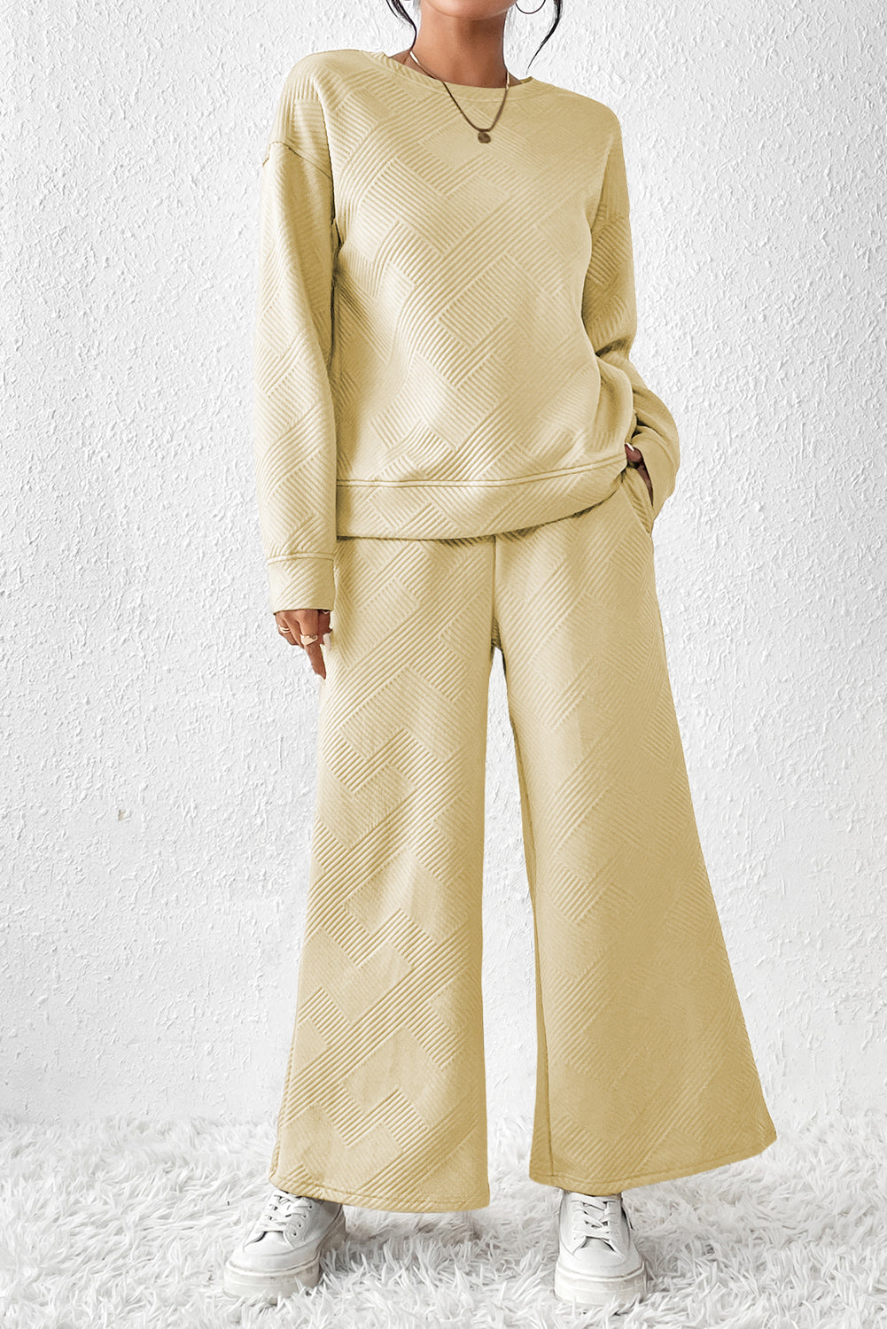 Strawberry Pink Textured Loose Slouchy Long Sleeve Top and Pants Set - Cowaa