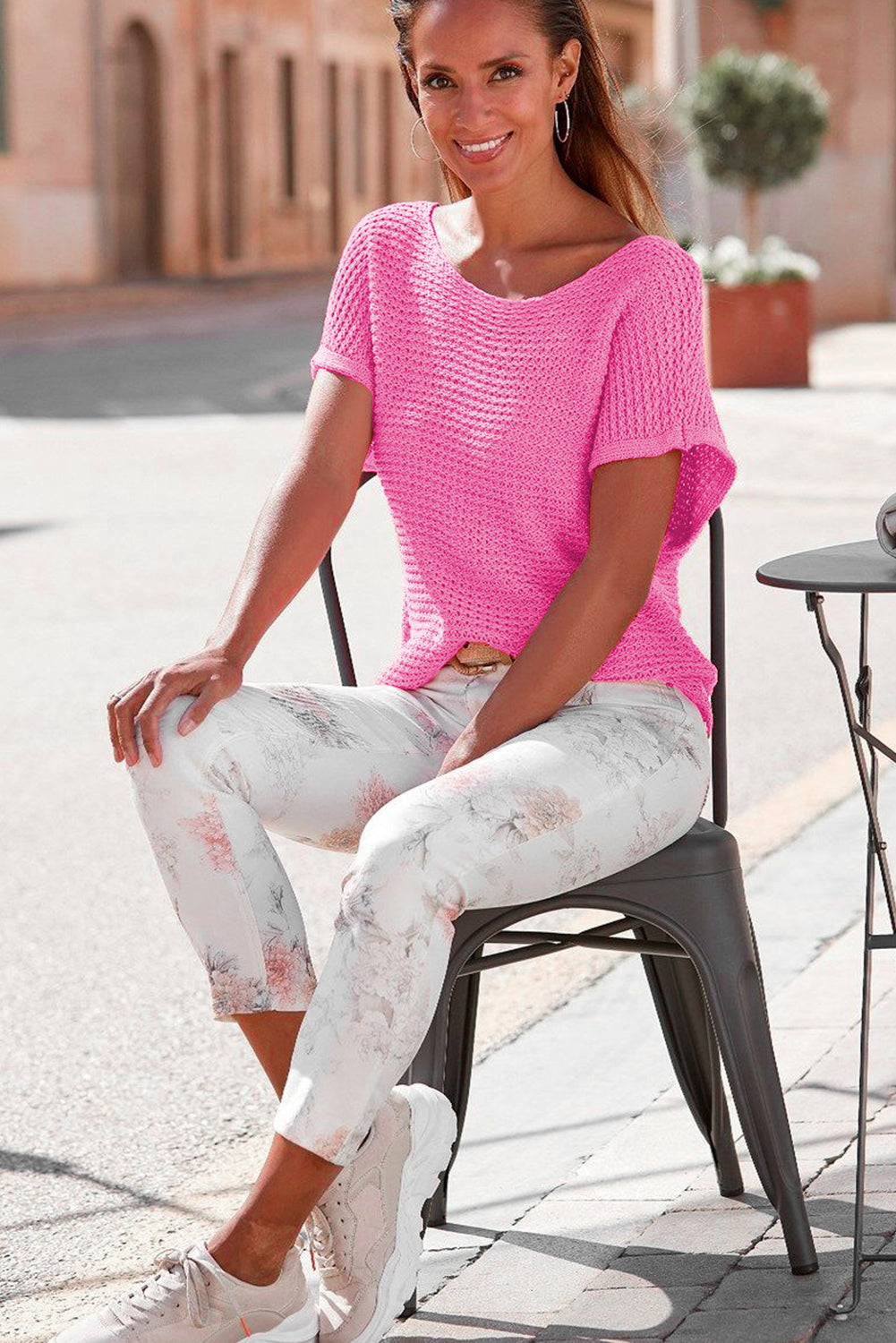 Pink Plain Knit Loose Batwing Sleeve Blouse - Cowaa