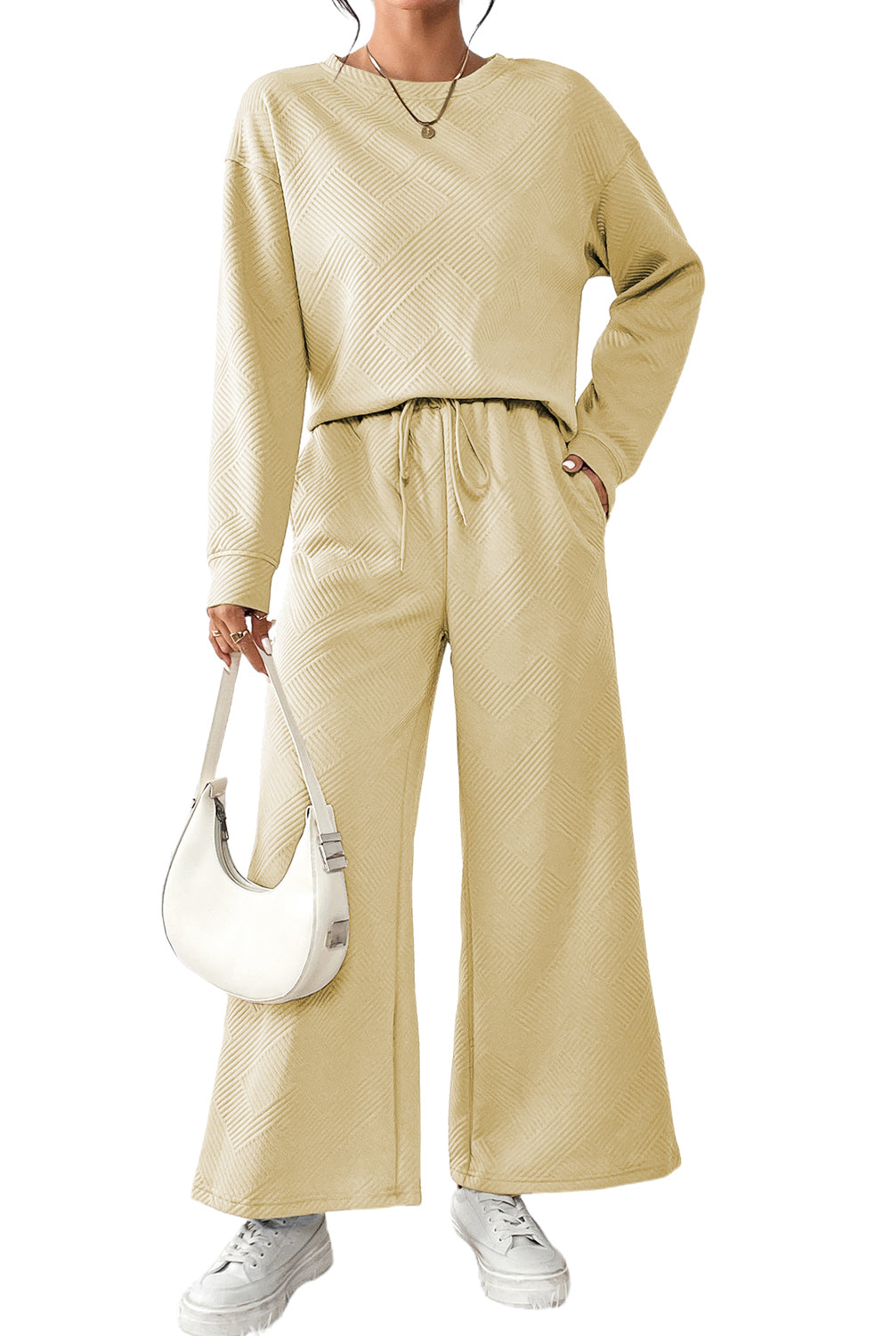 Strawberry Pink Textured Loose Slouchy Long Sleeve Top and Pants Set - Cowaa