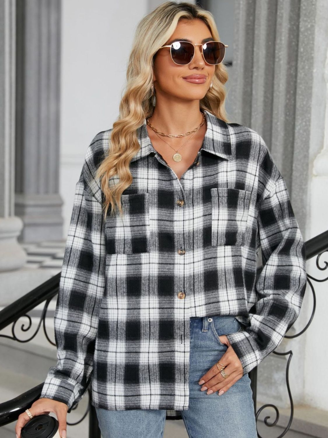 Plaid Collared Neck Long Sleeve Shirt - Cowaa