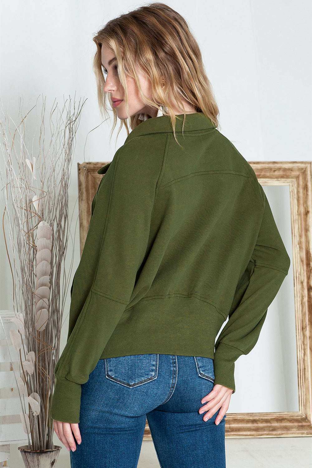 Brown Zip Up Stand Collar Thumbhole Sleeve Sweatshirt - Cowaa
