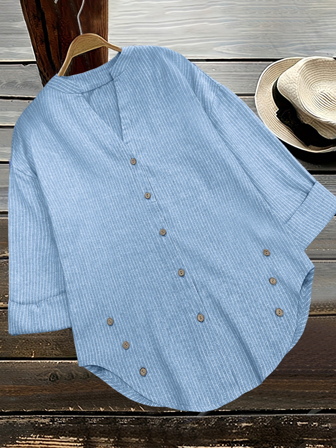 Striped Notched Long Sleeve Blouse - Cowaa