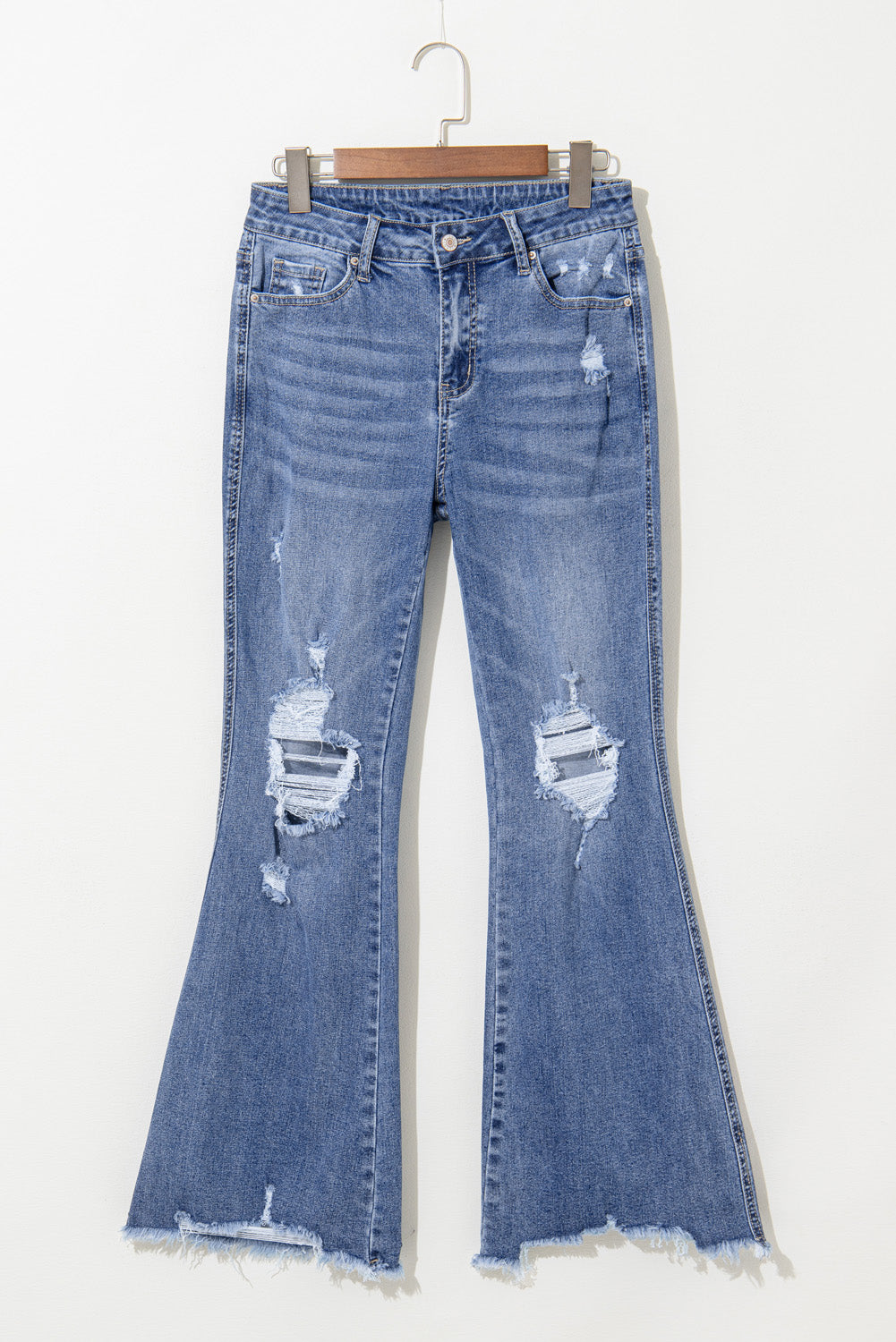 Dusk Blue High Rise Ripped Distressed Hem Flared Jeans - Cowaa