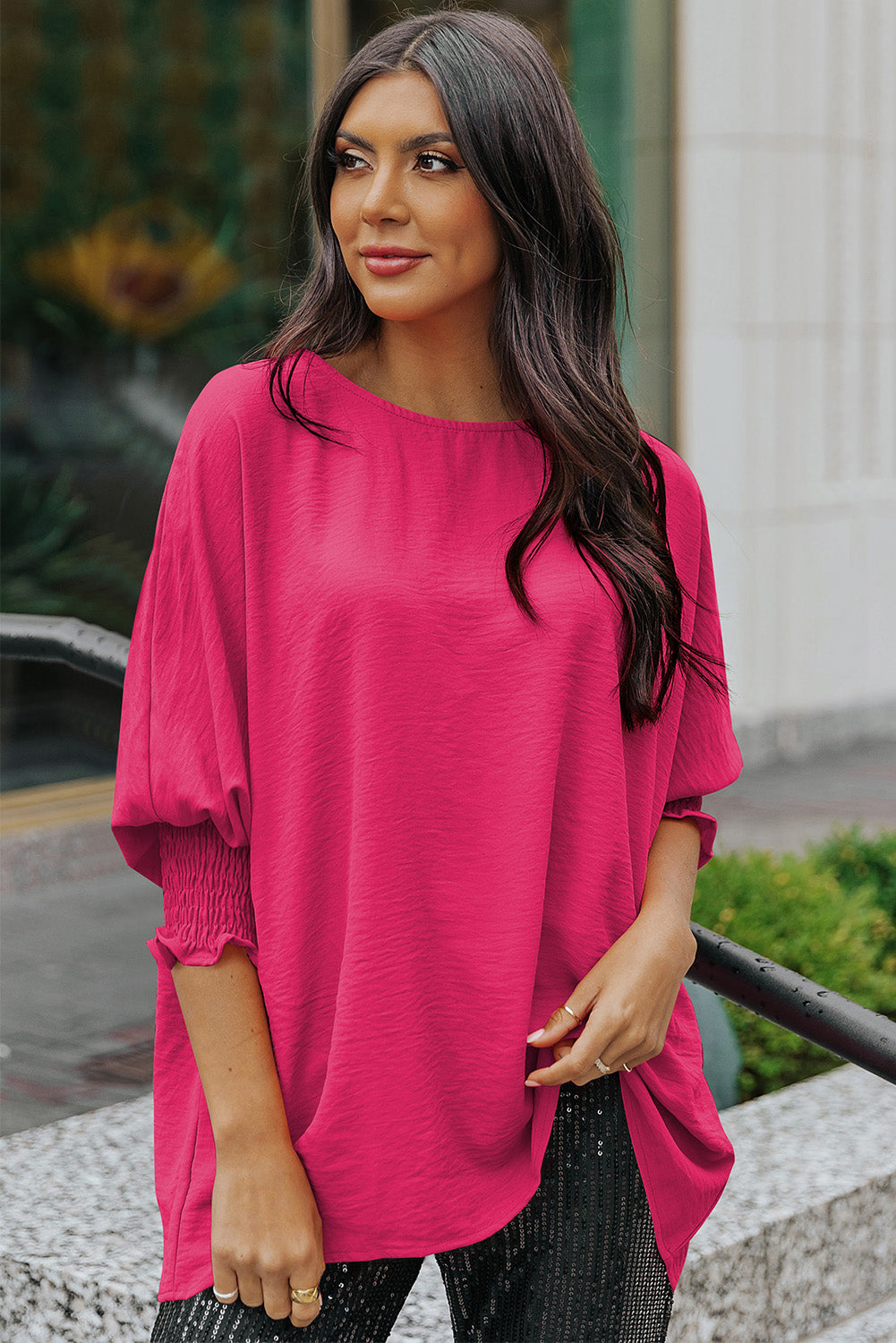 Apricot Solid Casual Smocked Cuffs Batwing Sleeve Blouse - Cowaa