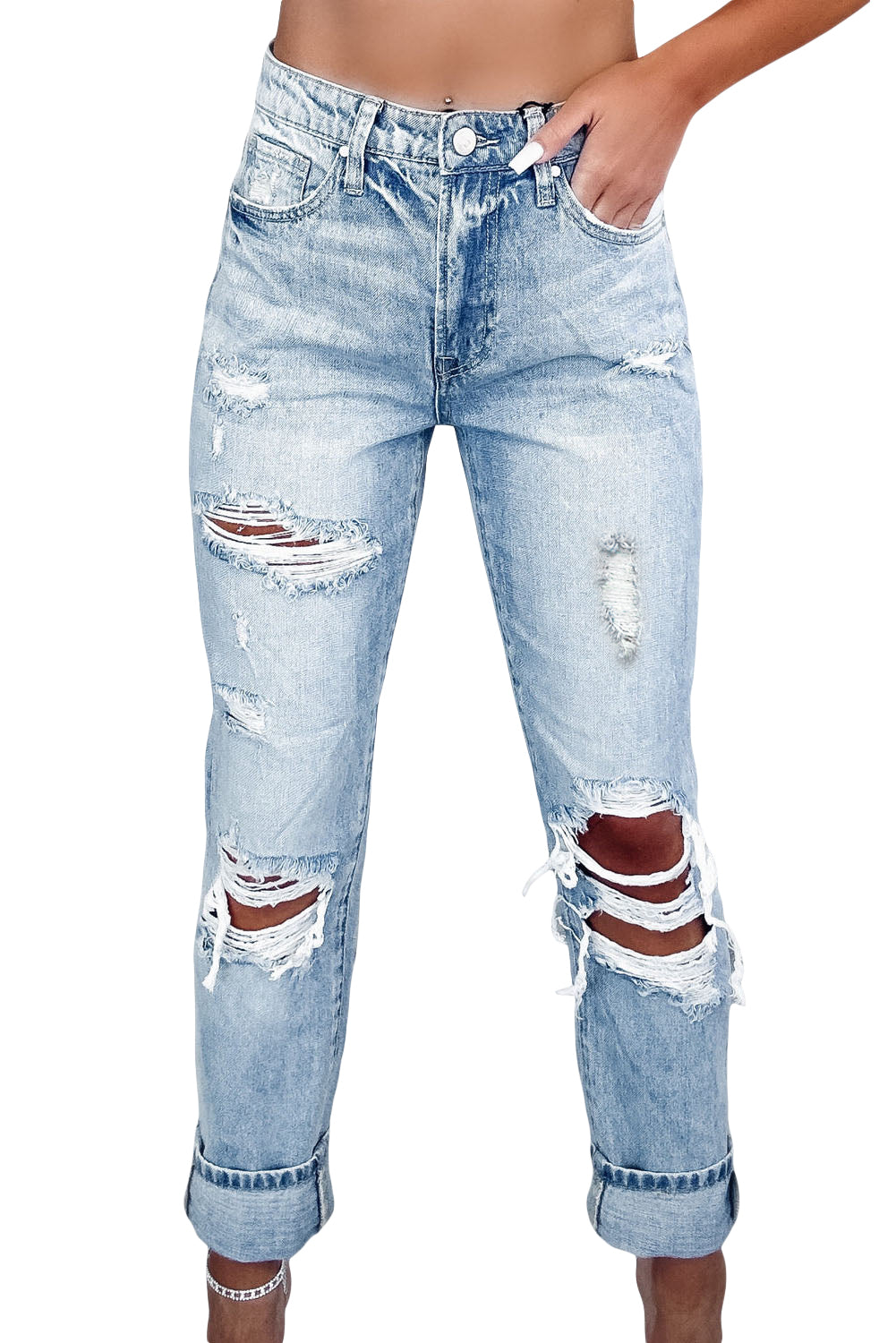 Sky Blue Light Wash Frayed Slim Fit High Waist Jeans - Cowaa