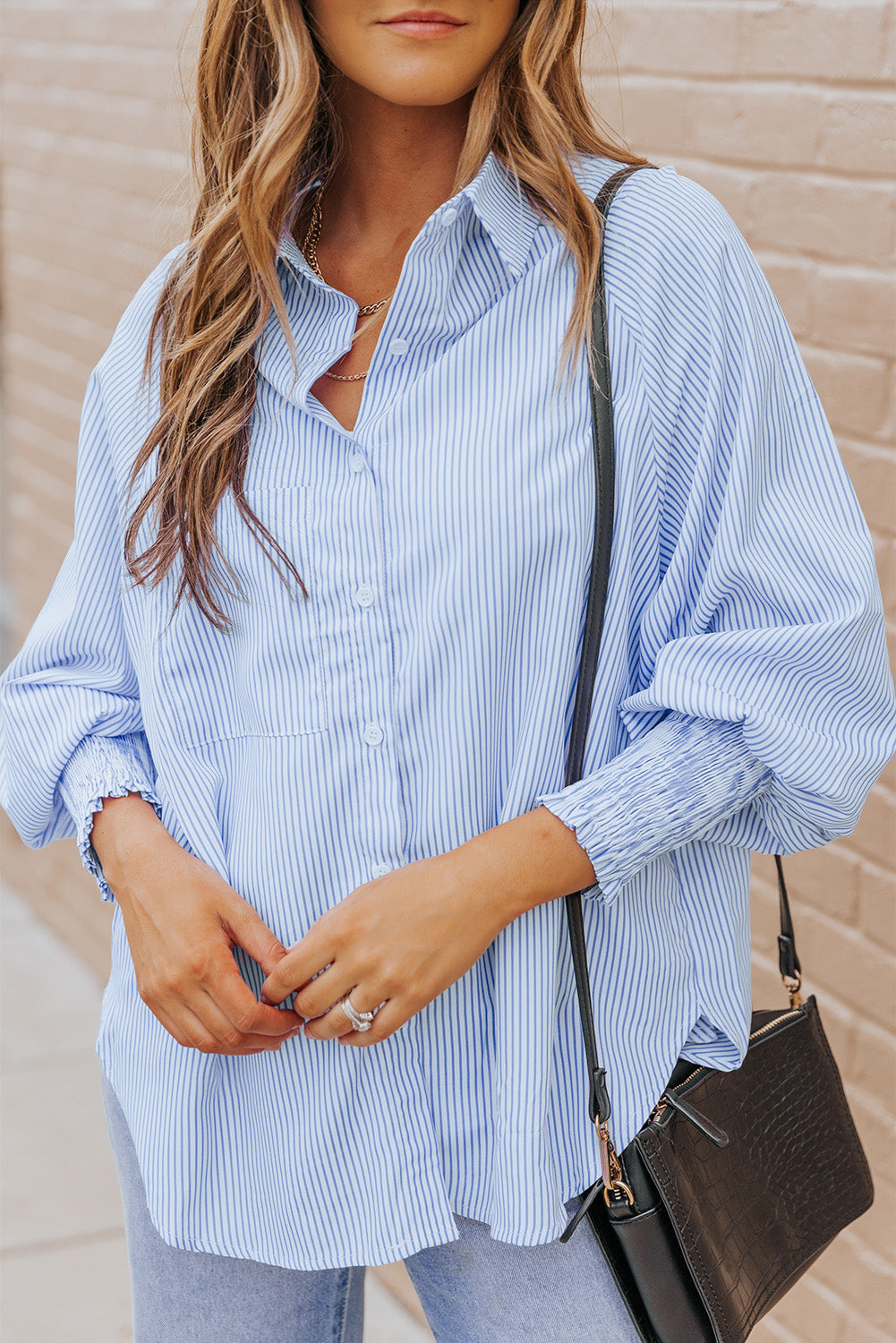 Black Striped Casual Shirred Cuffs Shirt - Cowaa