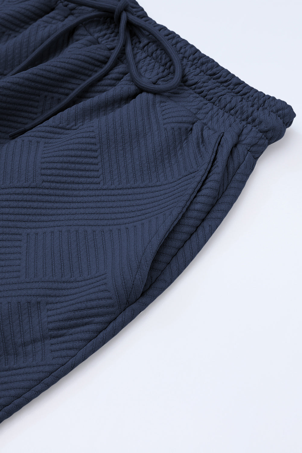 Navy Blue Textured Loose Fit T Shirt and Drawstring Pants Set - Cowaa