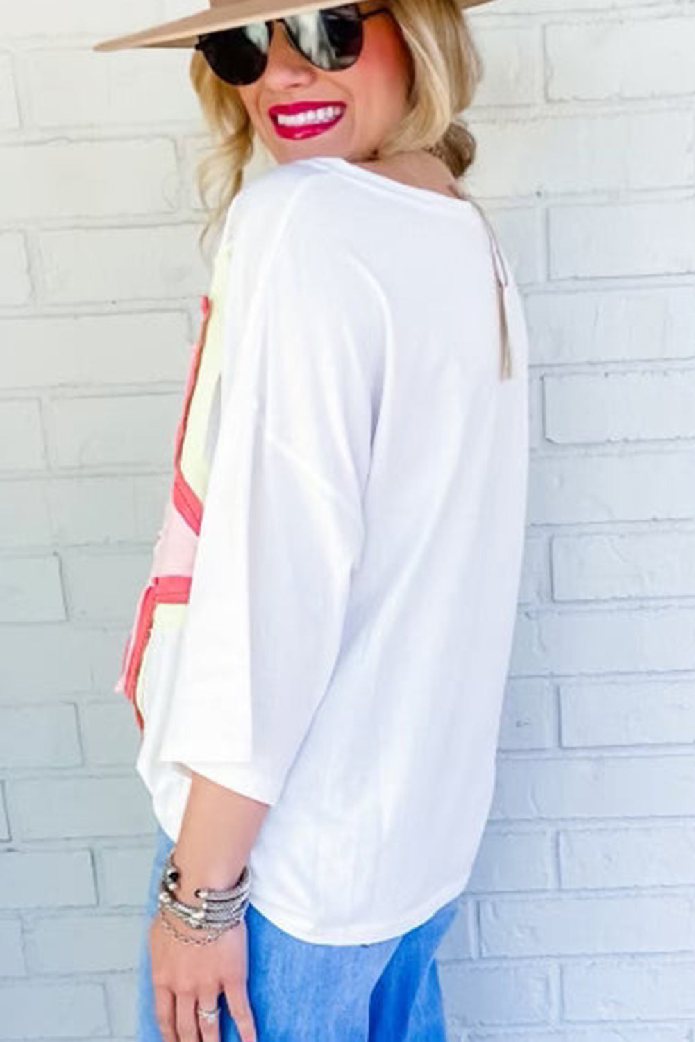 White Colorblock Star Patched Half Sleeve Oversized Tee - Cowaa