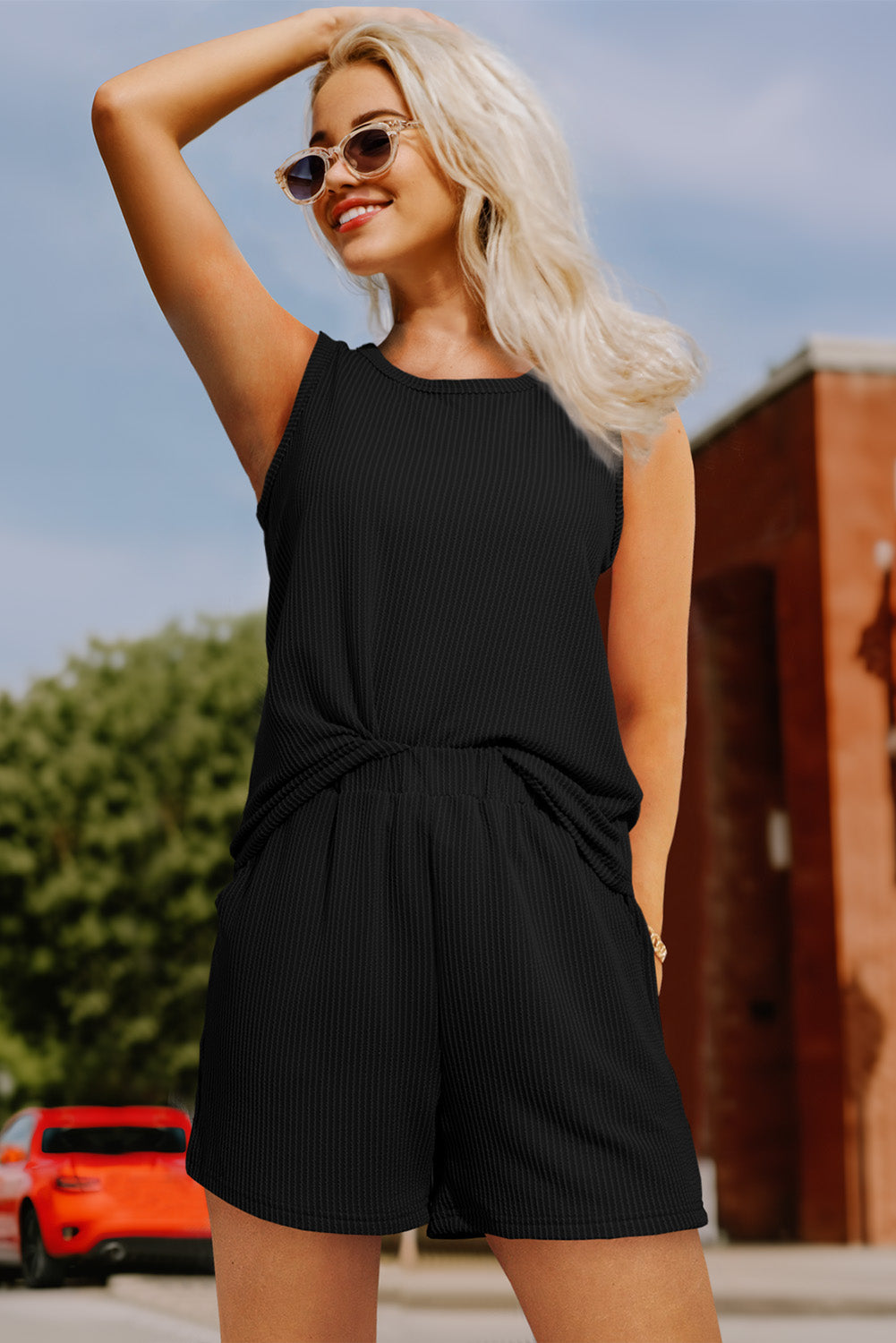 Medium Grey Corded Sleeveless Top and Pocketed Shorts Set - Cowaa