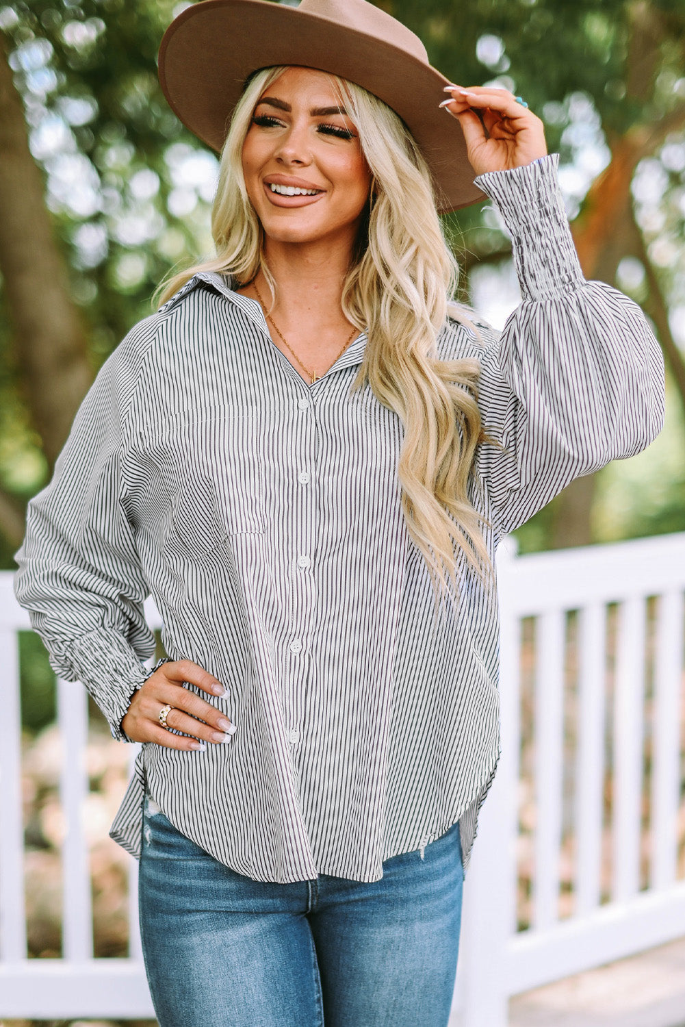 Black Striped Casual Shirred Cuffs Shirt - Cowaa