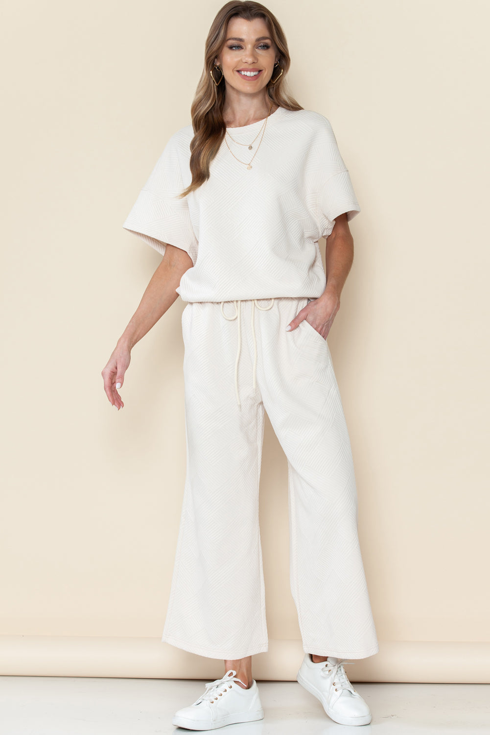 Navy Blue Textured Loose Fit T Shirt and Drawstring Pants Set - Cowaa