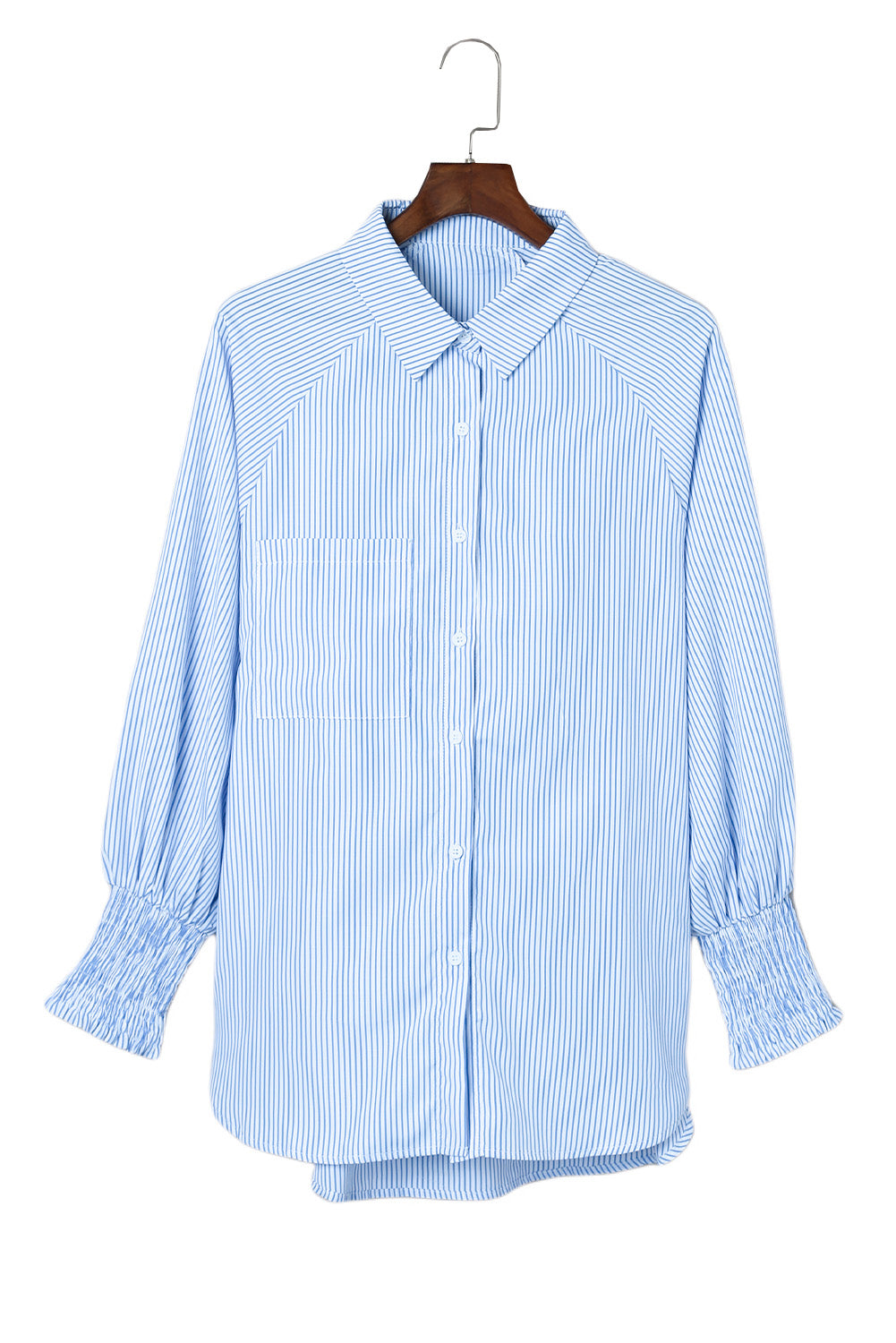 Black Striped Casual Shirred Cuffs Shirt - Cowaa