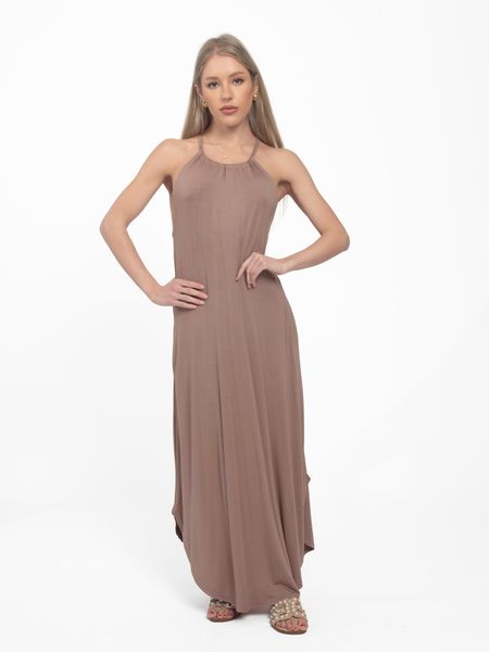 Brown Summer Halter Sleeveless Maxi Dress - Cowaa