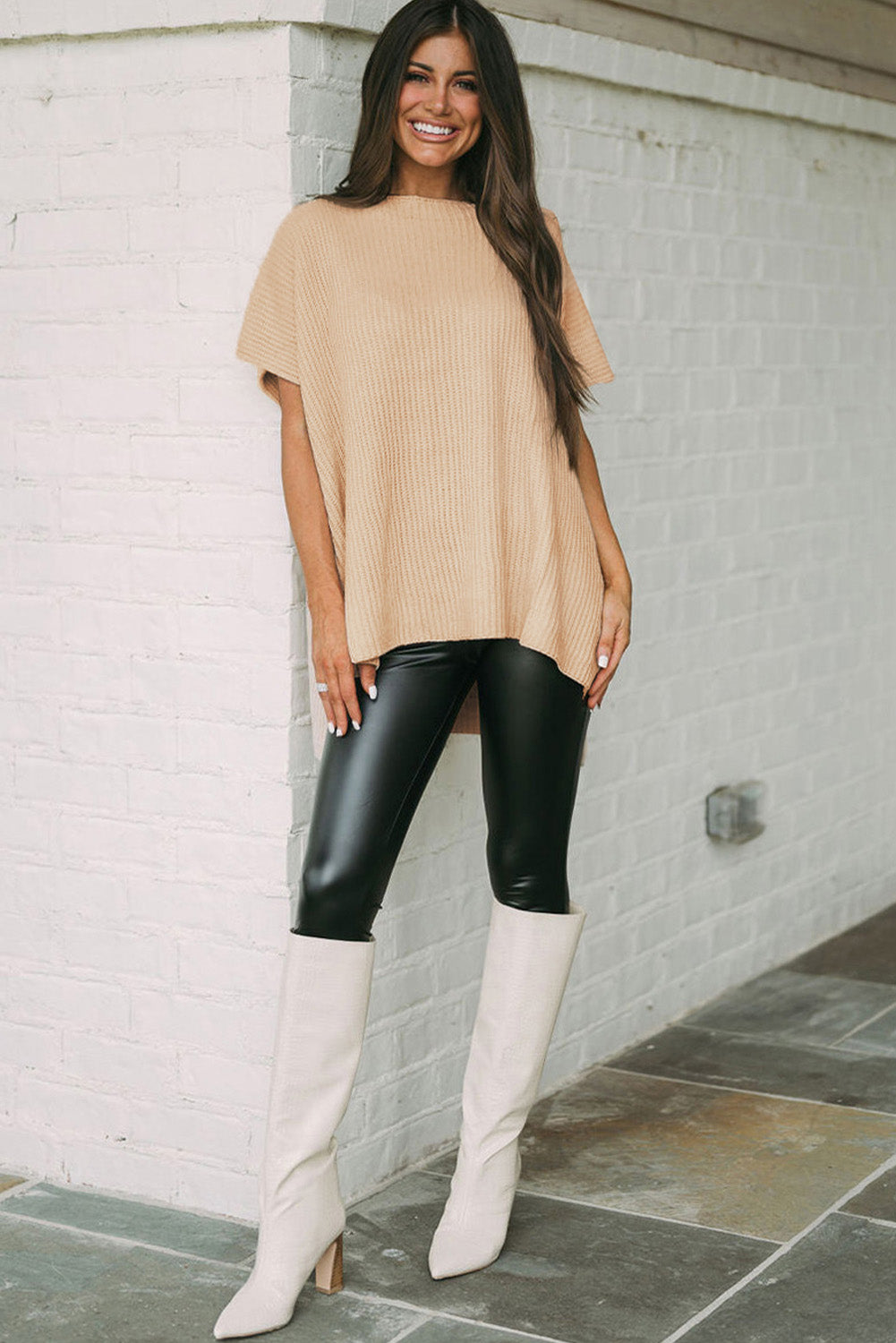 Rose Red Side Slit Short Sleeve Oversized Sweater - Cowaa