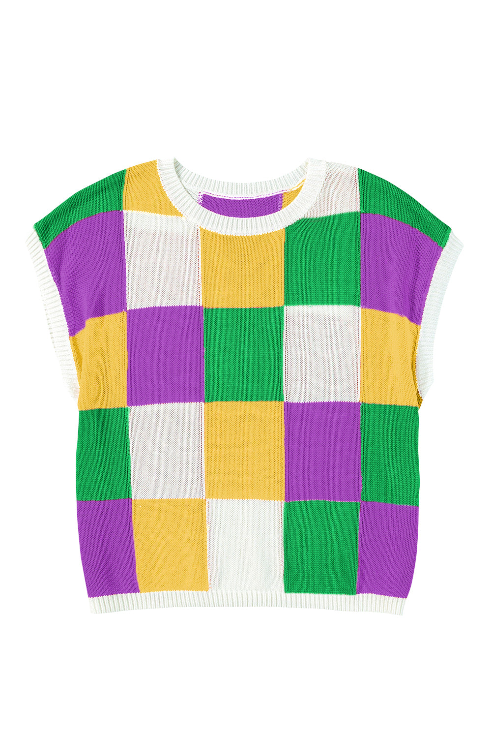 Fiery Red Checkered Color Block Cap Sleeve Knitted Top - Cowaa