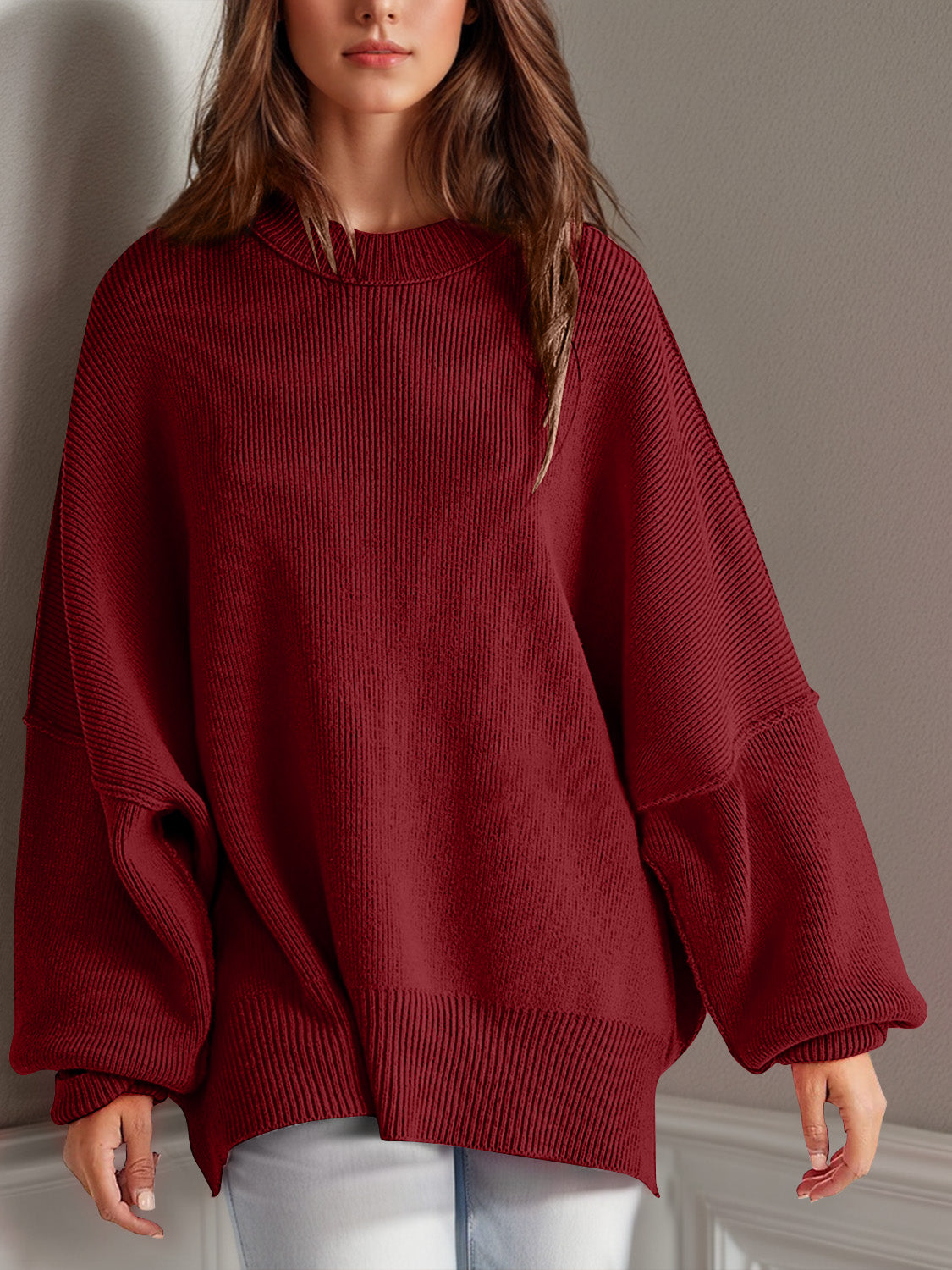 Double Take Side Slit Round Neck Long Sleeve Sweater - Cowaa