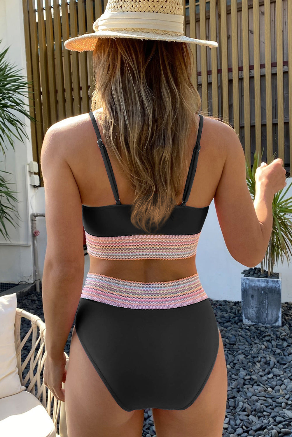 Black Striped Patchwork Spaghetti Strap High Waist Bikini Set - Cowaa