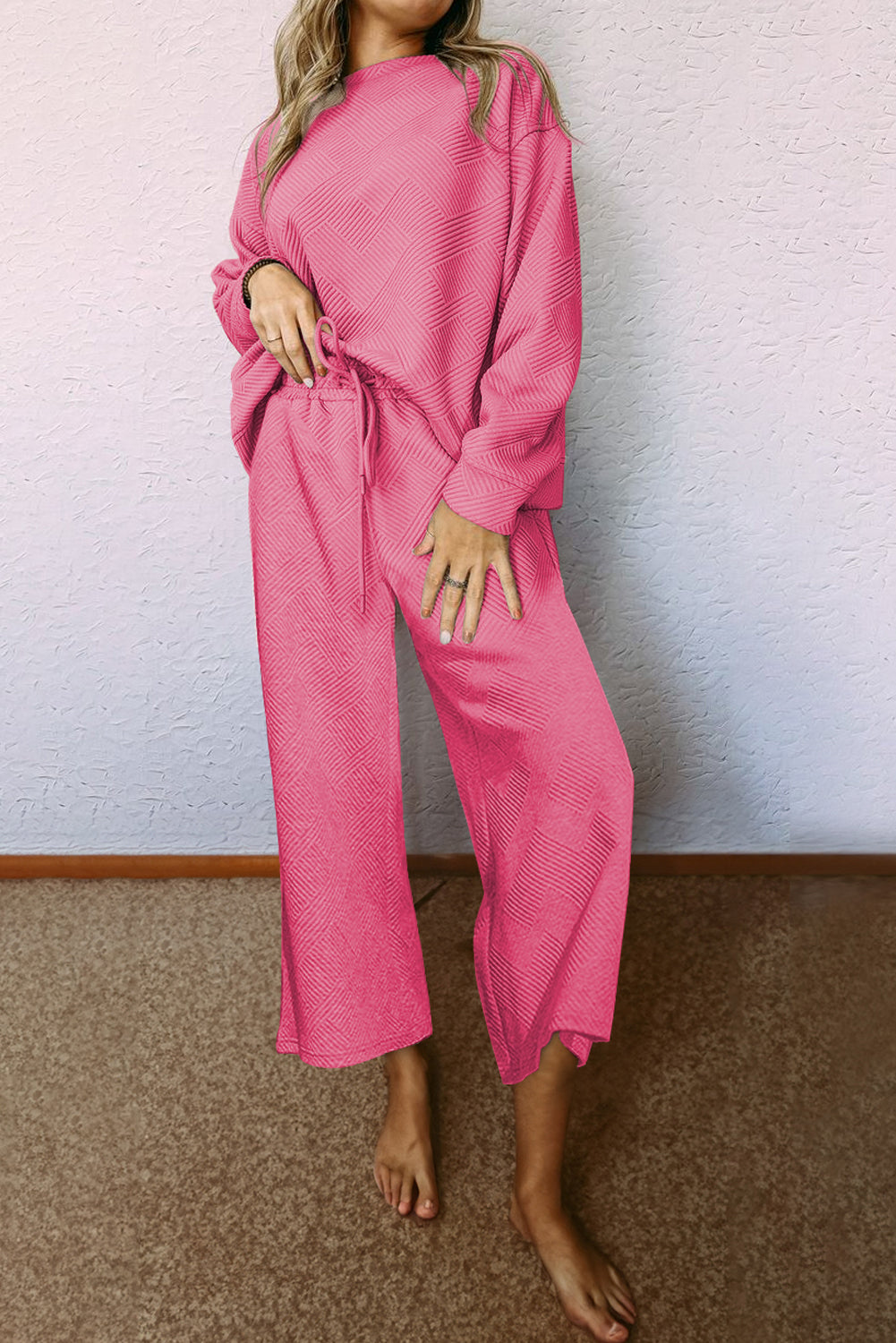 Strawberry Pink Textured Loose Slouchy Long Sleeve Top and Pants Set - Cowaa
