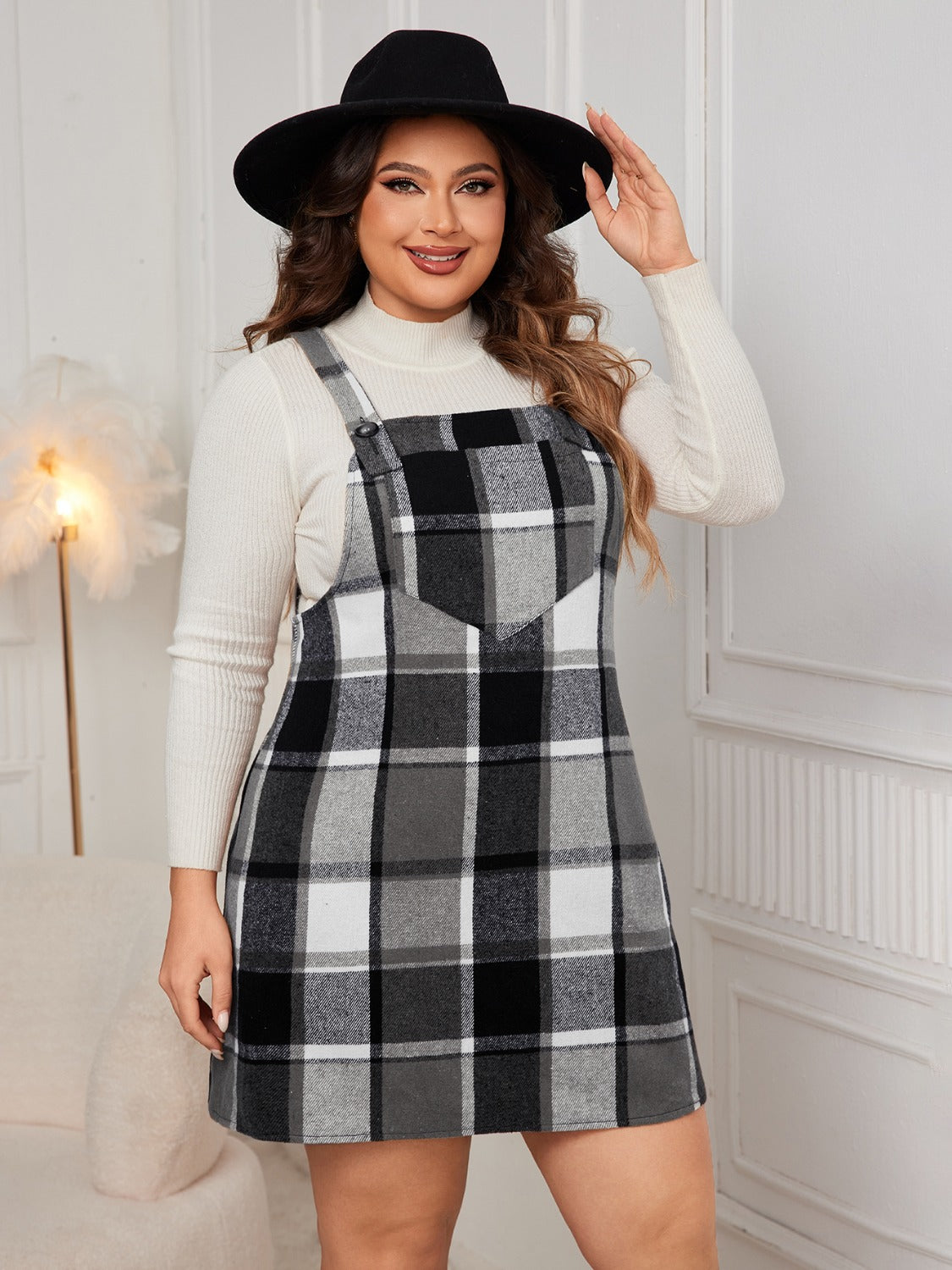 Plus Size Plaid Wide Strap Overall Dress - Cowaa