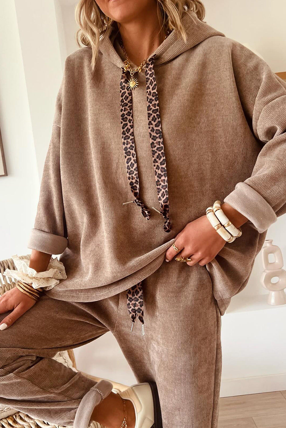 Rose Tan Drawstring Pullover Hoodie and High Waist Pants Corduroy Suit