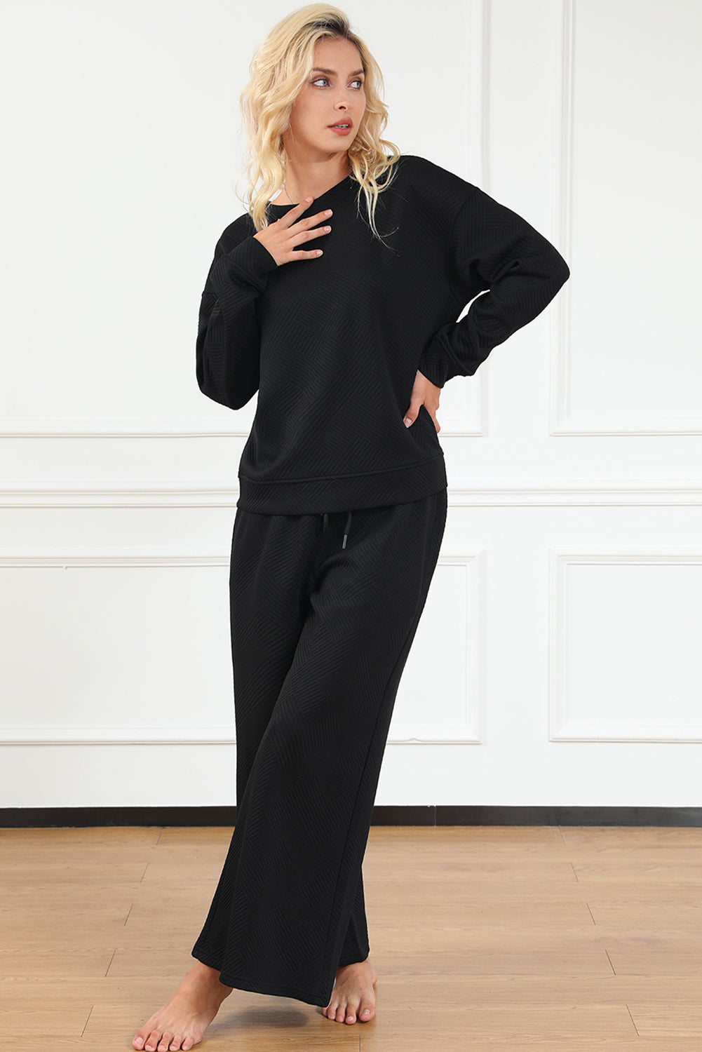 Strawberry Pink Textured Loose Slouchy Long Sleeve Top and Pants Set - Cowaa