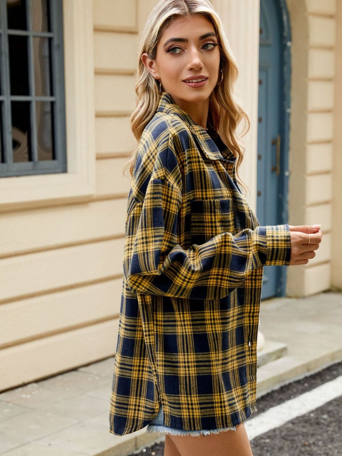Plaid Collared Neck Long Sleeve Shirt - Cowaa