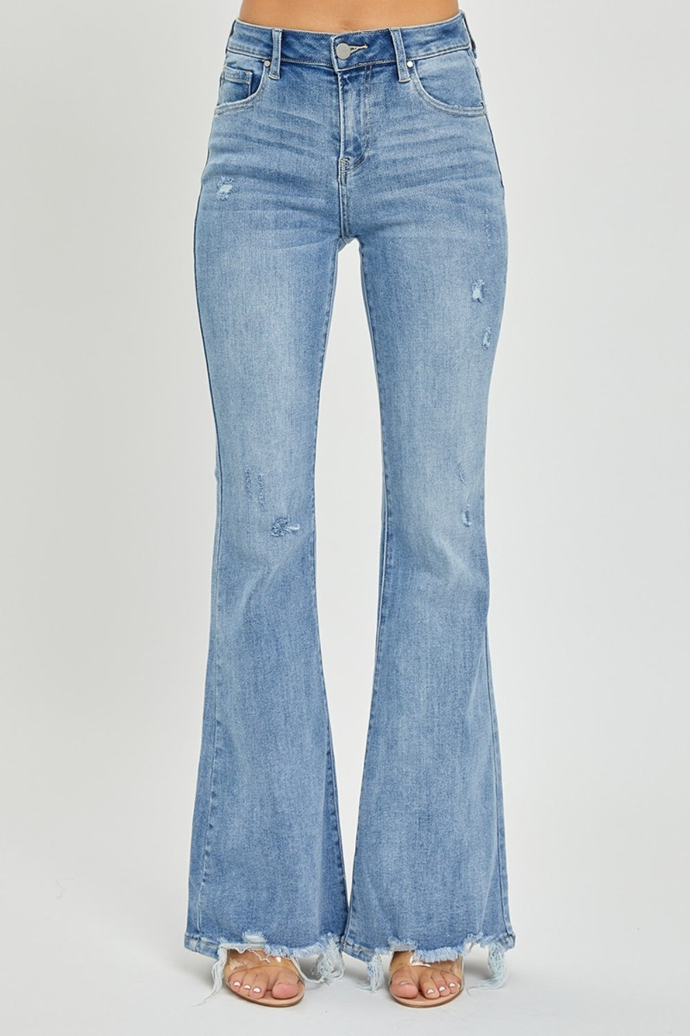 Risen Full Size High Rise Frayed Hem Flare Jeans - Cowaa