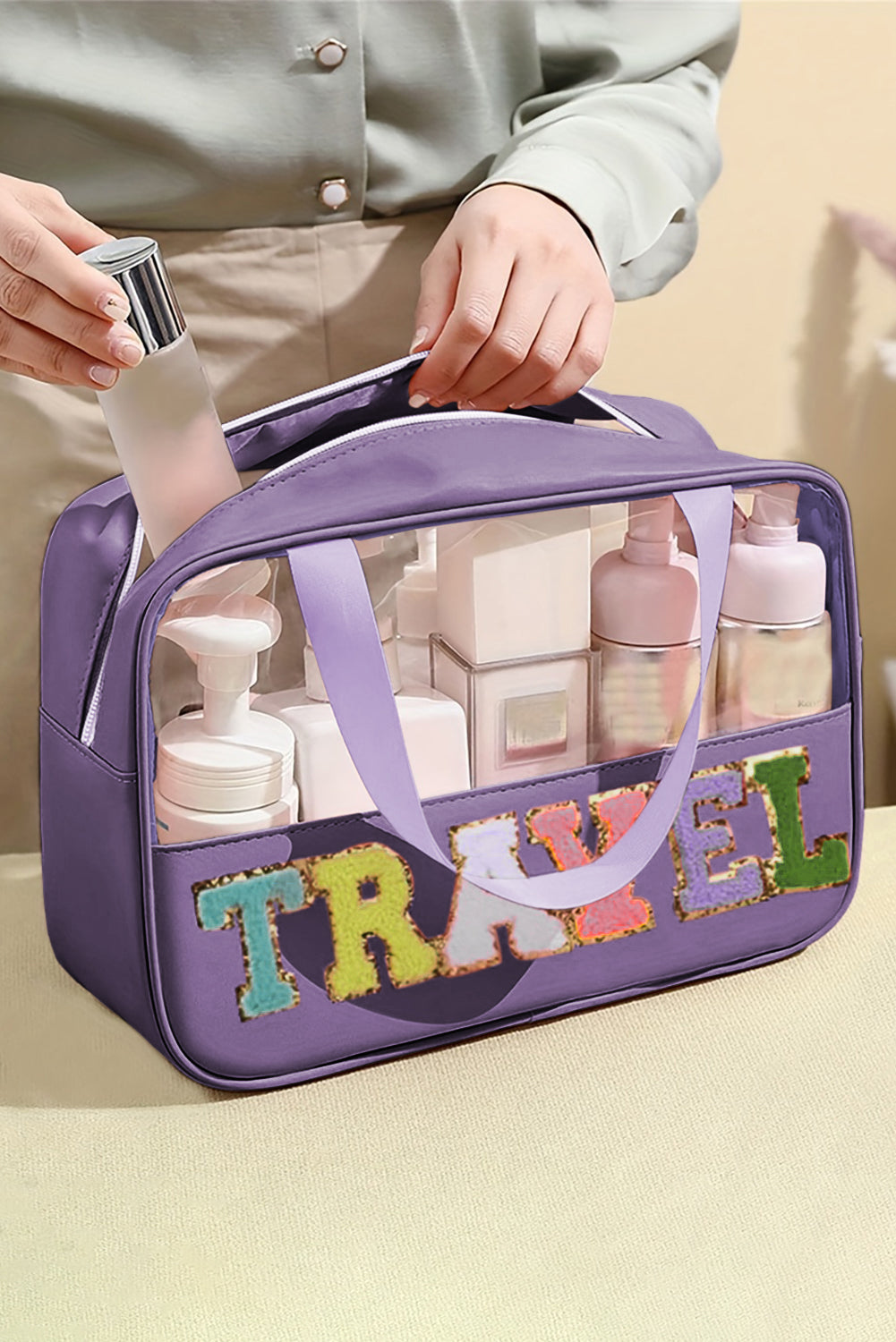 Travel Chenille Letter Clear PVC Makeup Bag - Cowaa