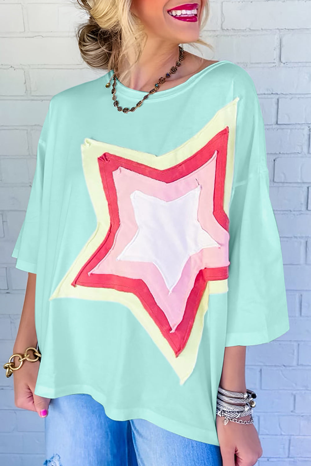 White Colorblock Star Patched Half Sleeve Oversized Tee - Cowaa