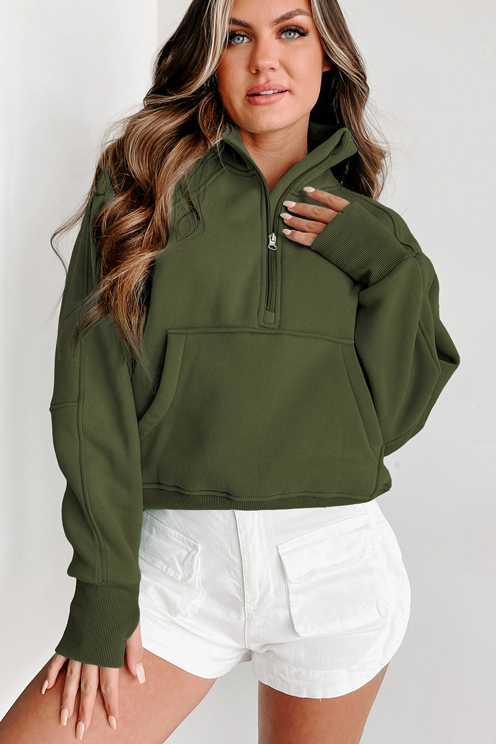 Brown Zip Up Stand Collar Thumbhole Sleeve Sweatshirt - Cowaa