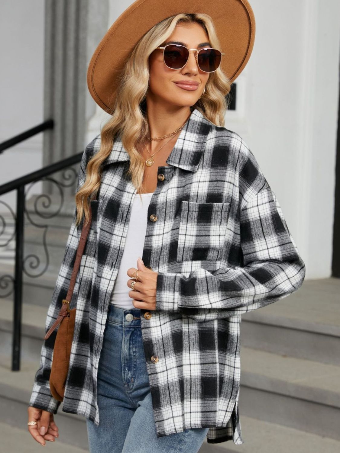 Plaid Collared Neck Long Sleeve Shirt - Cowaa