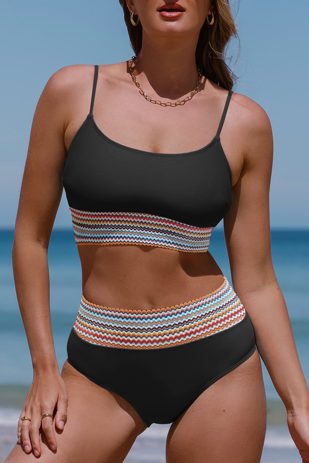 Black Striped Patchwork Spaghetti Strap High Waist Bikini Set - Cowaa