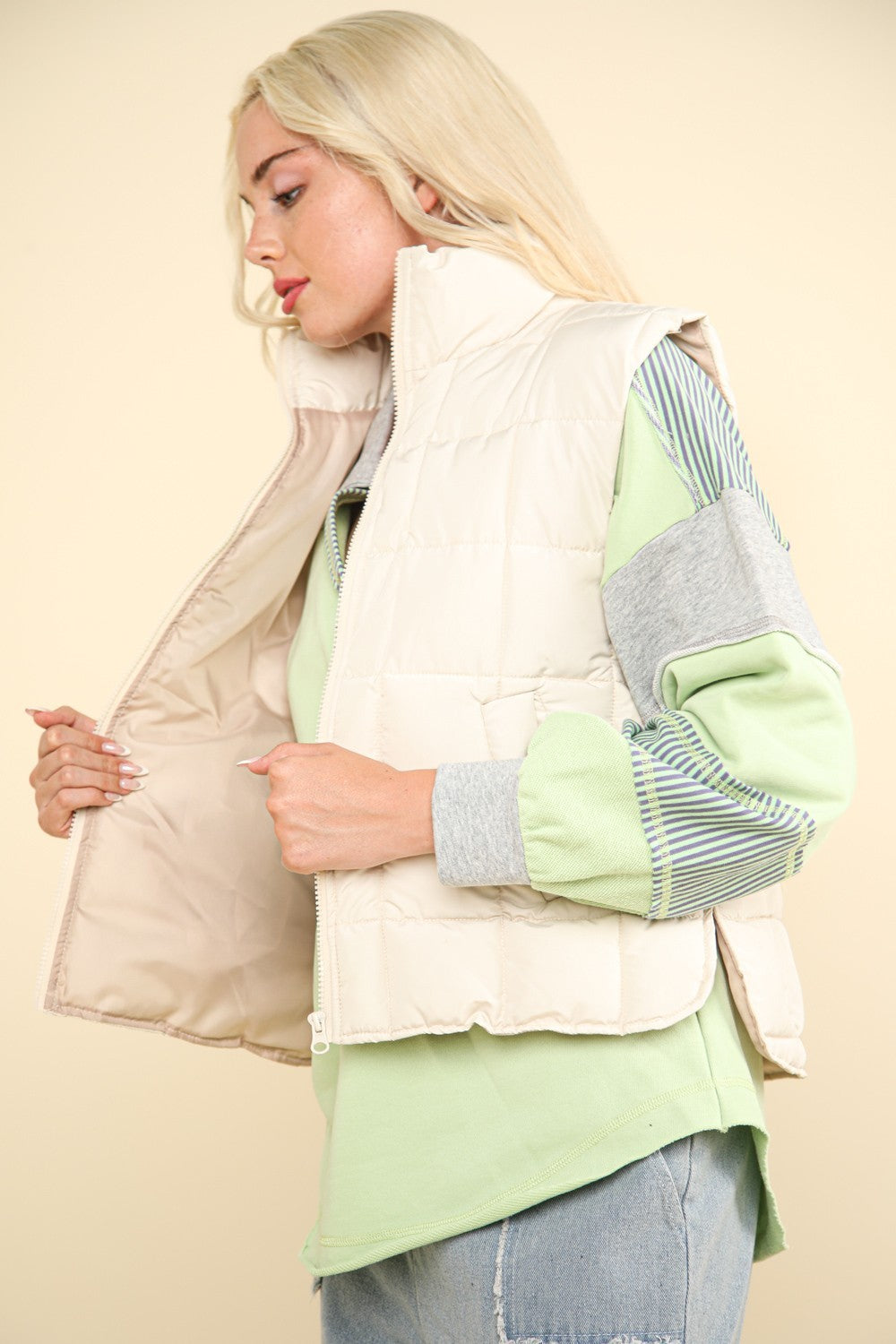 Ivory Zip Up Puffer Padded Vest - Cowaa